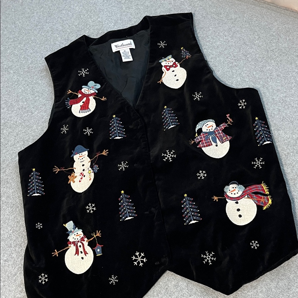 Vintage Christmas Embroidered Velvet Vest XL Grandma Novelty Artsy Teacher